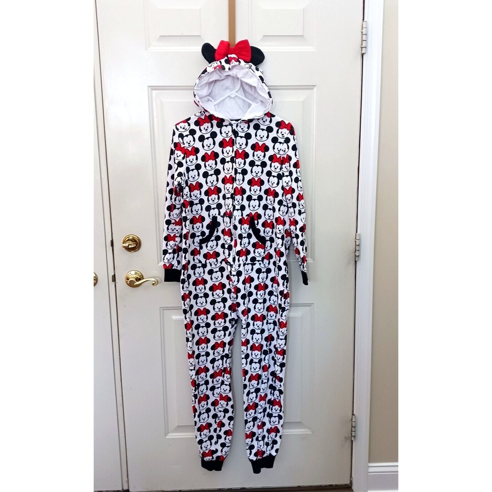 Disney Store Minnie Mickey Mouse One Piece Pajama Cotton Women's Sz M Hood Ears